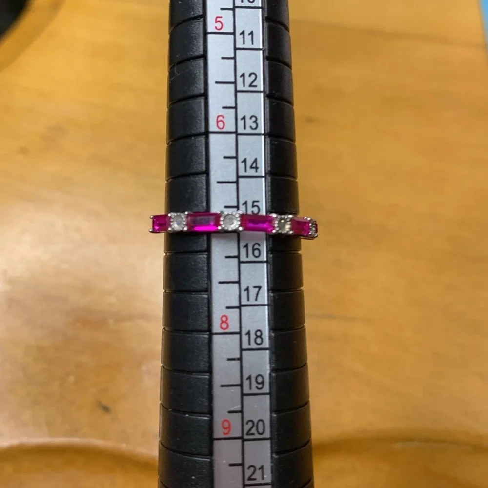 10kt White Gold Baguette Lab Ruby & Natural Diamond Band Ring Stacking Size 7 - Picture 11 of 15